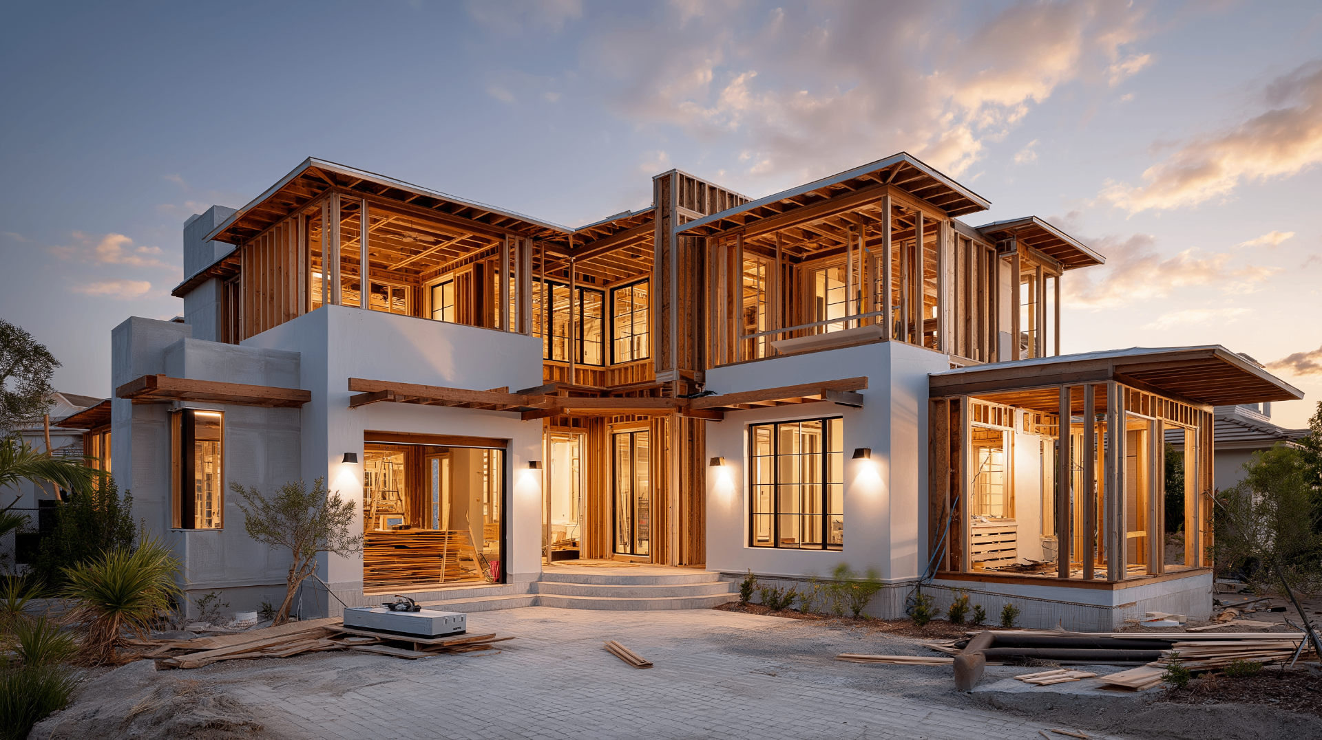 Luxury custom home under construction at golden hour — framed and lit from within