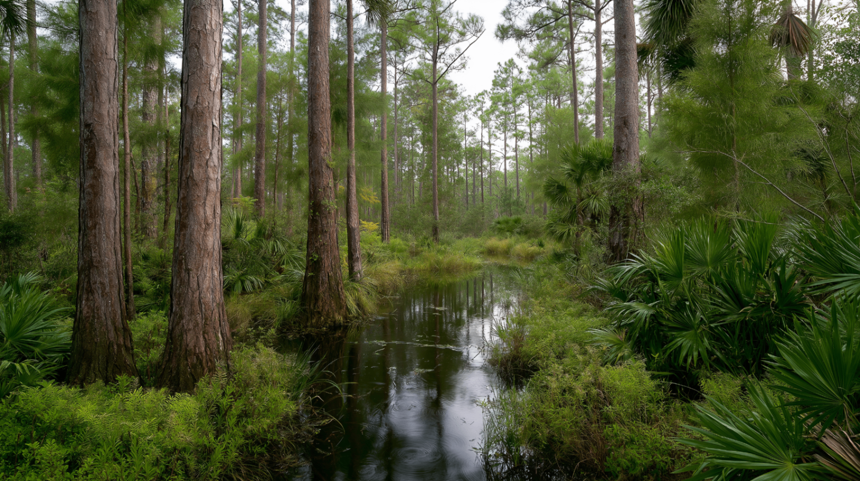 Pine flatwoods wetland with standing water and saw palmetto under tall pines.