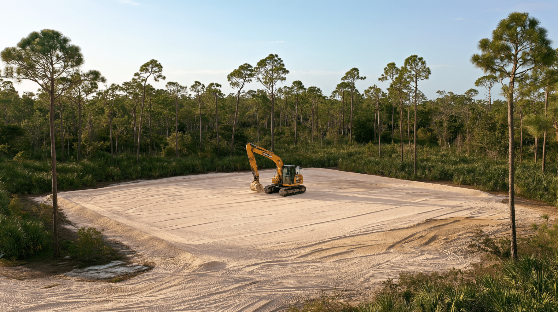 Cleared and graded building pad with an excavator beside pine flatwoods.